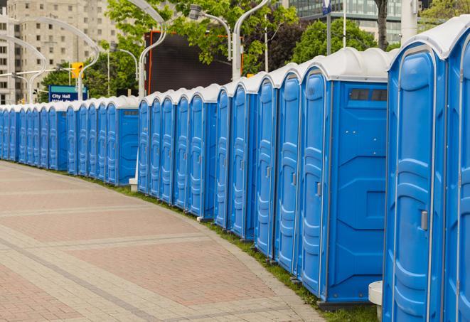 Seasonal porta potty units set up at a Broad St, Los Angeles venue